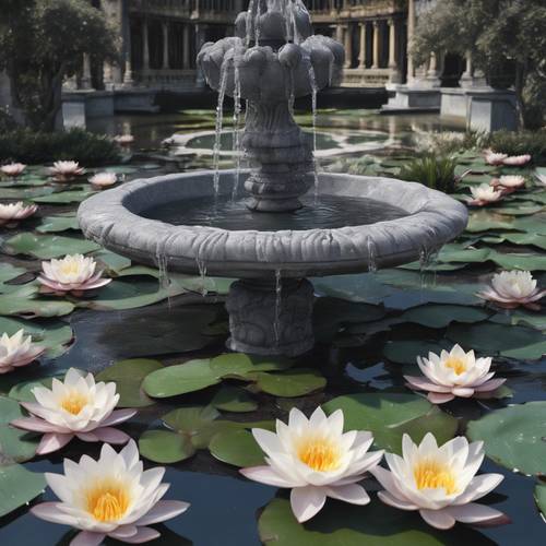 An intricate gray marble fountain adorned with water lilies.