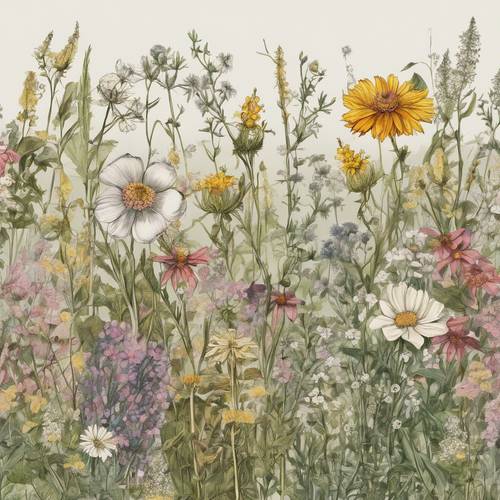 A Victorian hand-drawn illustration of an assortment of wildflowers. Tapet [80843e19026145db84e3]