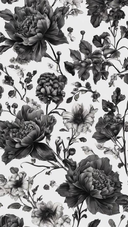 산뜻한 흰색 캔버스 위에 빅토리아풍의 검은색 꽃무늬 패턴이 있습니다.