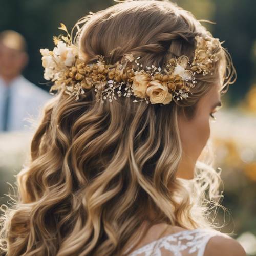 Flores bohemias doradas que adornan el cabello de una novia en una boda al aire libre.