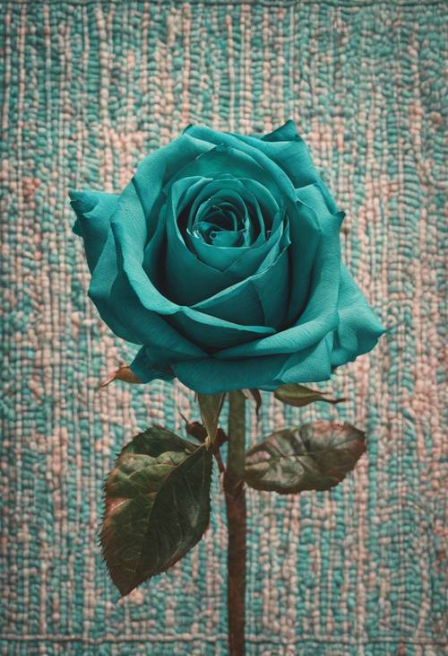 Красиво сплетенная бирюзовая роза, вшитая в холщовый гобелен.