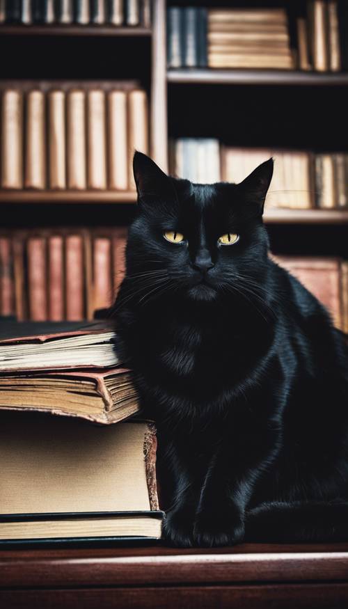 Kucing hitam misterius sedang tidur siang dengan damai di rak buku yang gelap. Wallpaper [21504b67811f43aeb65a]