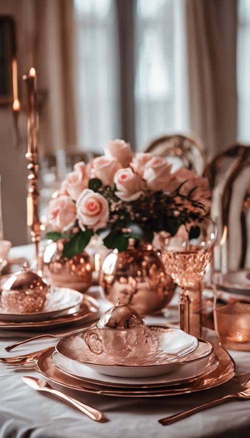 Une table dressée avec une élégante vaisselle en plaqué or rose dans une salle à manger de Noël.