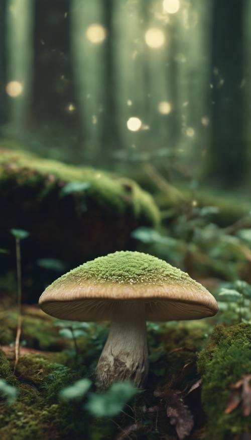 Eine Nahaufnahme eines mystischen, salbeigrünen Pilzes in einem bezaubernden Elfenwald