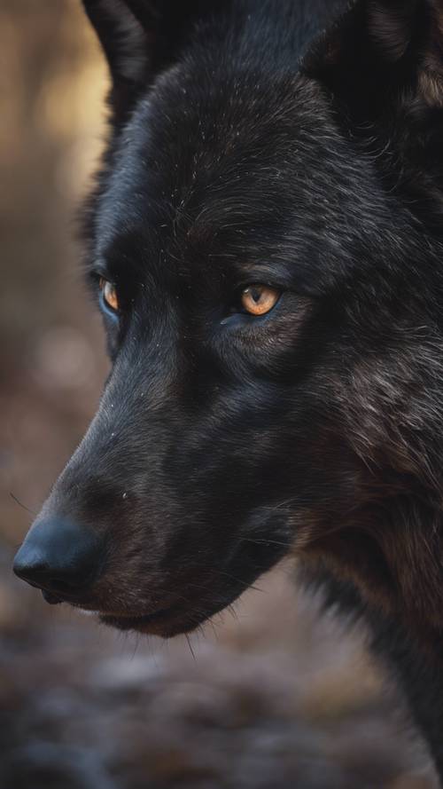 Eine Nahaufnahme des Gesichts eines schwarzen Wolfes mit den Narben früherer Schlachten.