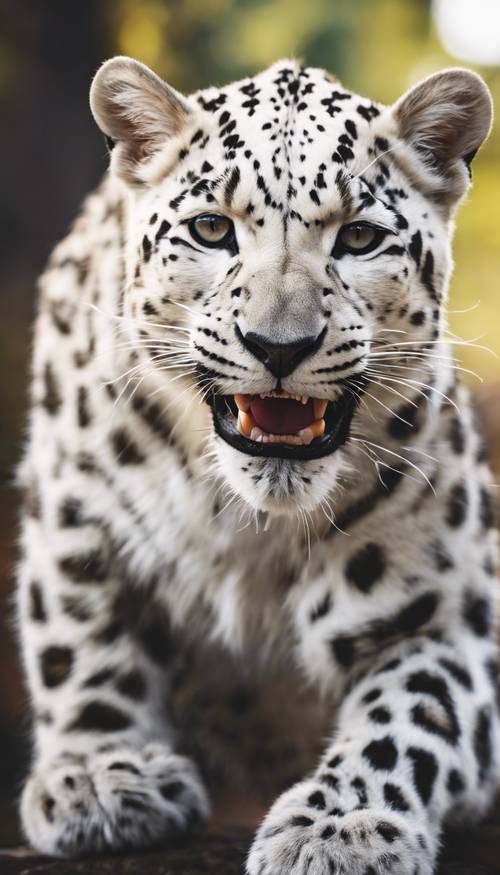A white leopard grinning cheekily, its tongue hanging out in a playful manner. Wallpaper [22627b65a73c4daa93f4]