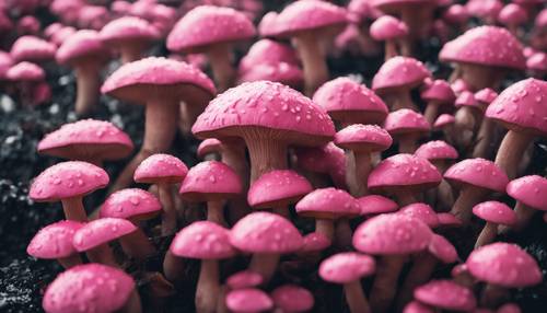 An army of pink mushrooms on a rainy day. Tapet [142c306704084cd4ab61]