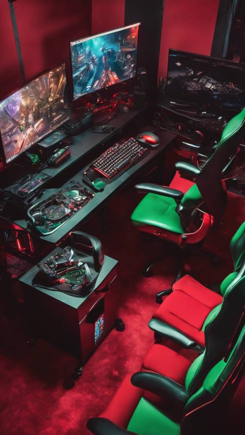 A high angle view of a gaming room decorated in a red and green theme, a gaming chair in the center, surrounded by multiple monitors.
