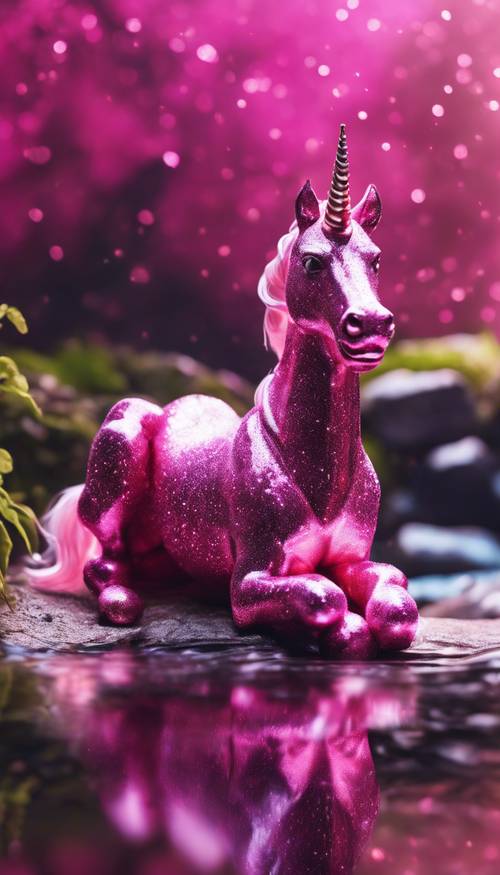 A magenta glitter unicorn lounging lazily by a crystal clear stream, yawning.