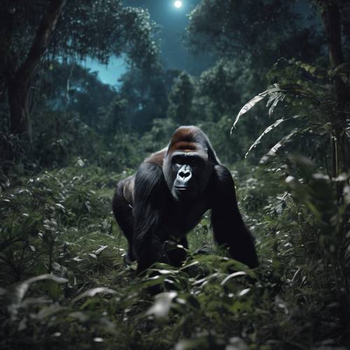 Una scena notturna di gorilla che osservano le stelle da una radura nella giungla, stupiti dal panorama.