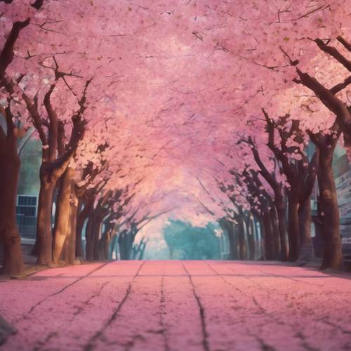 Un viale di alberi di sakura in fiore sotto un cielo serale dalle ombre pastello.
