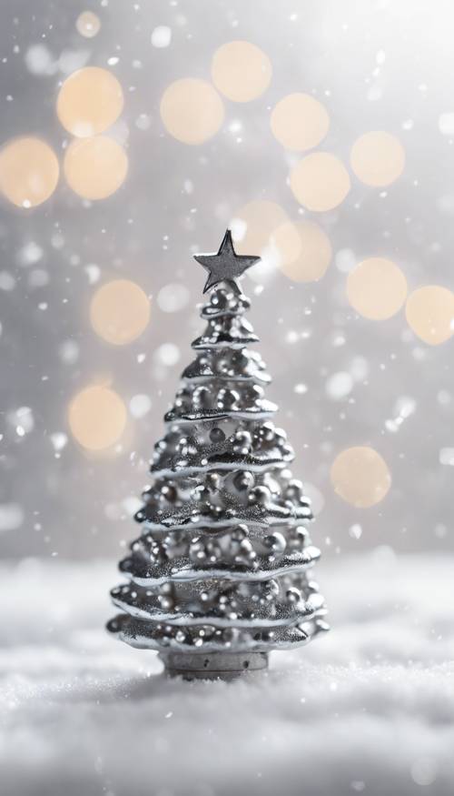 An artsy shot of a tiny simplistic silver Christmas tree ornament against a white snow background