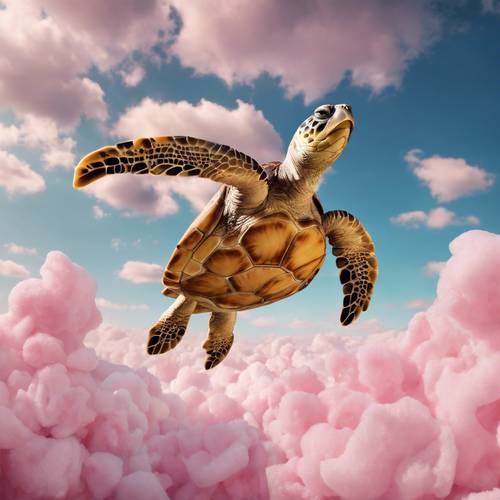 Fantastical, golden sea turtle flying above cotton candy clouds.