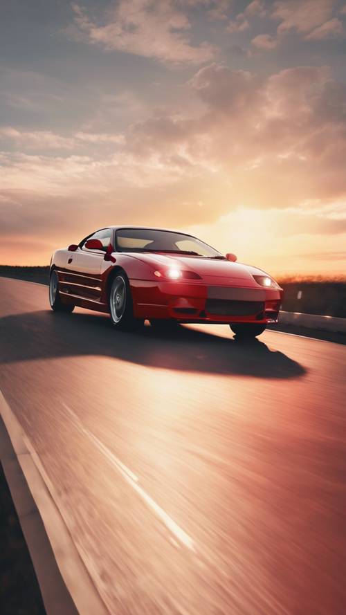 Elegancki czerwony samochód sportowy z 2000 roku jadący autostradą podczas zachodu słońca.