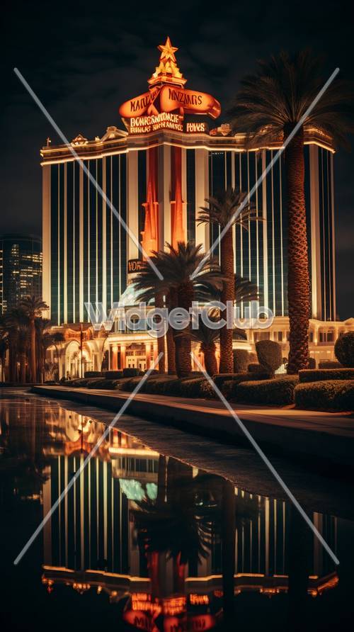Impresionante vista nocturna de un hotel de Las Vegas con palmeras