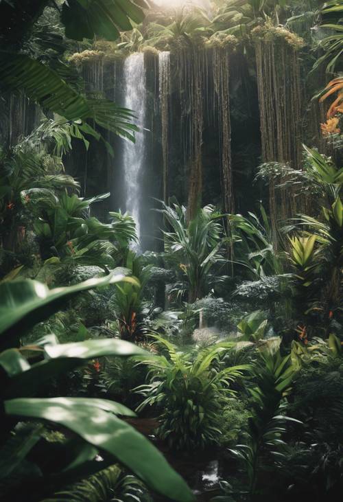 Ein tropischer Garten, der unter einem silbernen Wasserfall gedeiht.