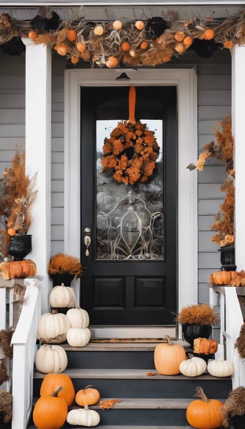 Un porche elegante decorado con un estilo preppy de Halloween, con coronas florales, calabazas blancas con diseños pintados de negro y un elegante manojo de heno.