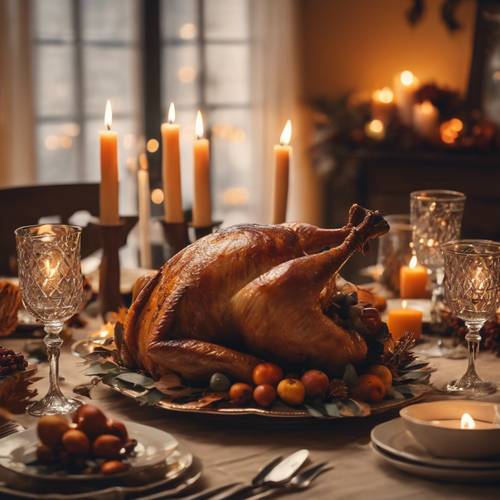 لقطة جمالية للديك الرومي المشوي على طاولة عيد الشكر المزينة بالشموع وأوراق الخريف وأواني الطعام الريفية تحت إضاءة هادئة.
