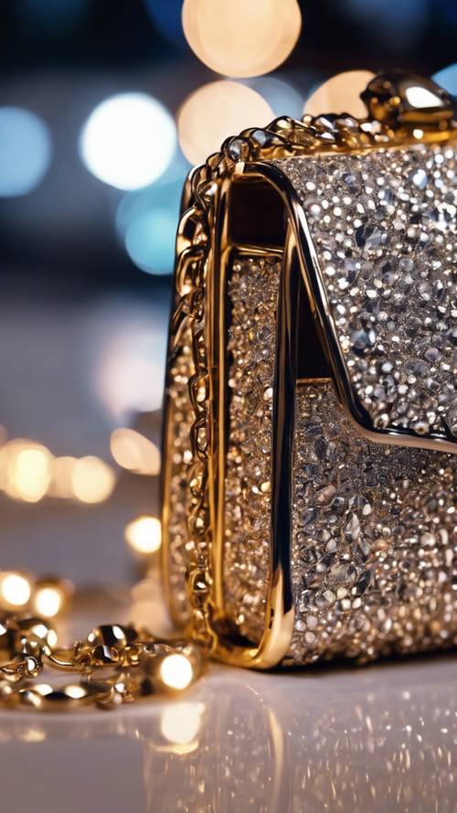 A diamond-studded purse shining under club lights.