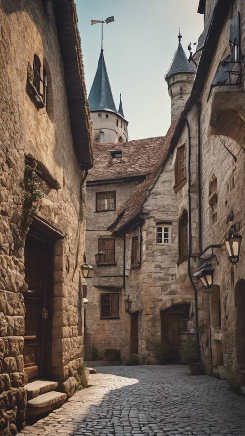 Uma cidade antiga e medieval com ruas de paralelepípedos e castelos.
