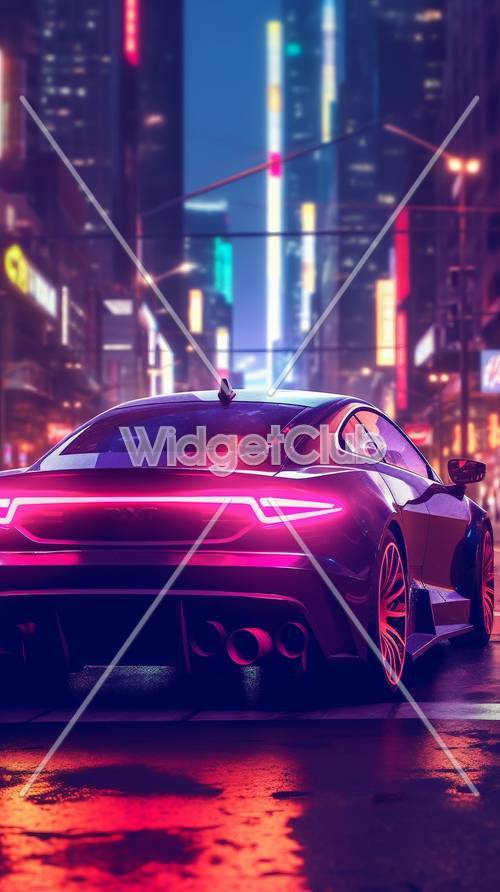 Scena notturna di auto al neon della città