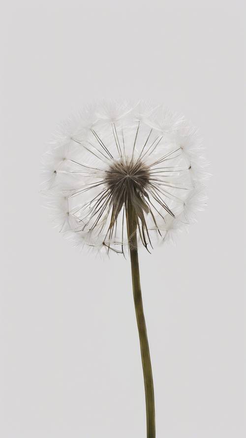 A minimalist painting of a single dandelion against a stark white background.