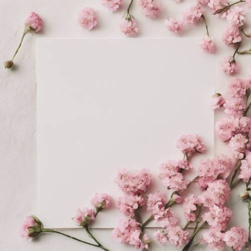 复古的白色文具，角落装饰着一小簇手绘粉色花朵。