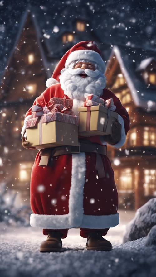 Милый Санта-Клаус в стиле аниме радостно доставляет подарки зимней ночью под нежно падающие снежинки.