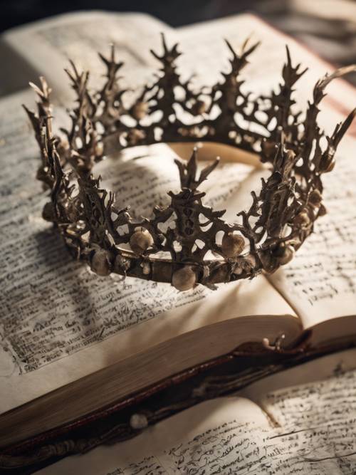 A thorn crown placed solemnly on an ancient handwritten bible.