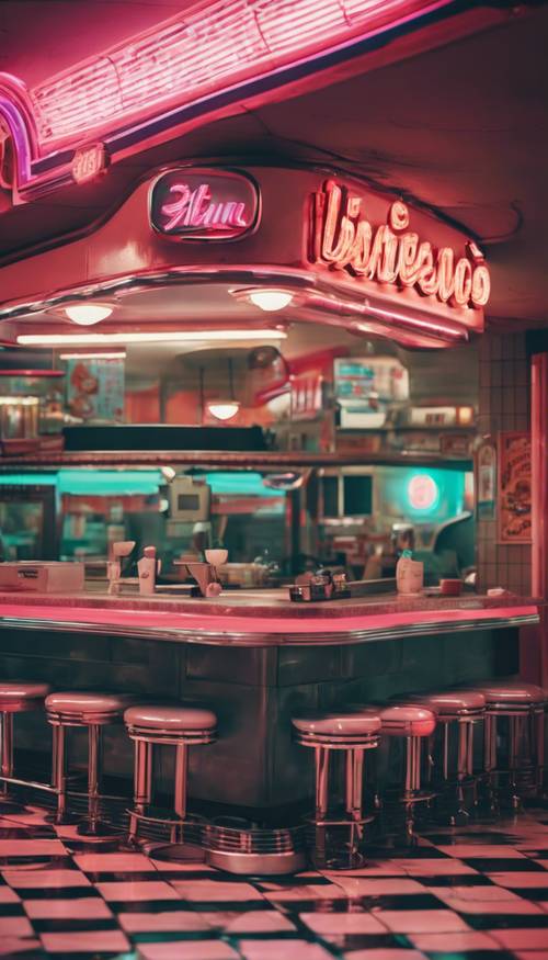 An old American diner inspired by the 80s aesthetics with neon signs and checkered tiles. کاغذ دیواری [f447d791e1934c978bf7]