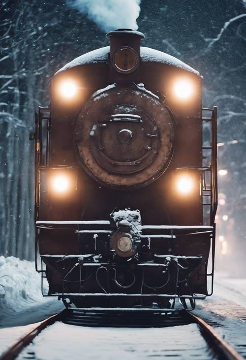 En una estación de tren olvidada, un tren que exhala un humo extraño y está adornado con lúgubres luces navideñas se aleja hacia la noche nevada.