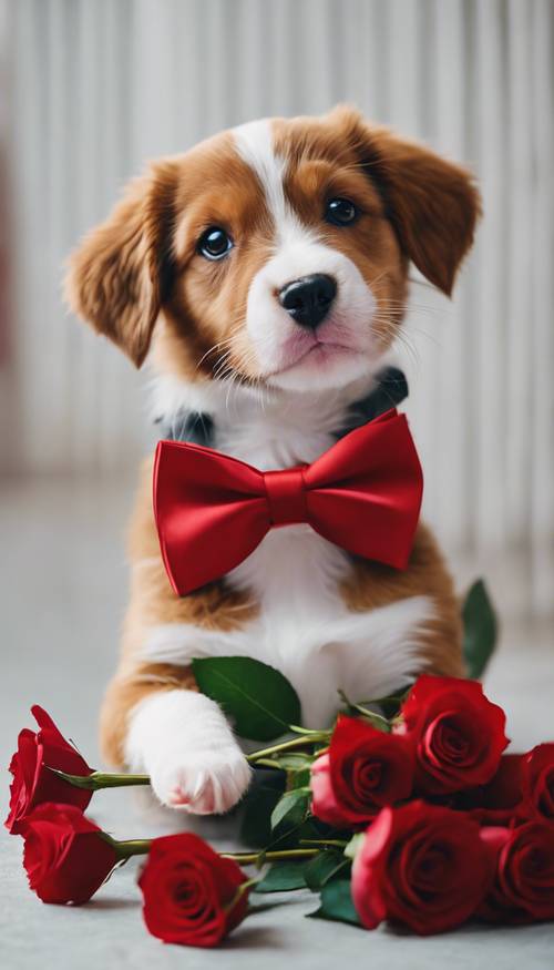 Un cachorro juguetón con una pajarita roja de gran tamaño sentado junto a un ramo de rosas.