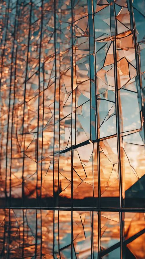 Coucher de soleil reflété dans une fenêtre en verre à travers un motif géométrique abstrait minimaliste