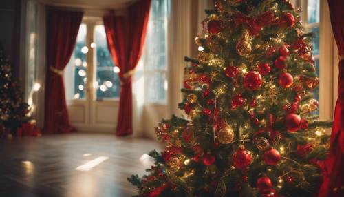 Un árbol de Navidad clásico, decorado con adornos dorados y rojos, que brilla en la tenue luz de la habitación.