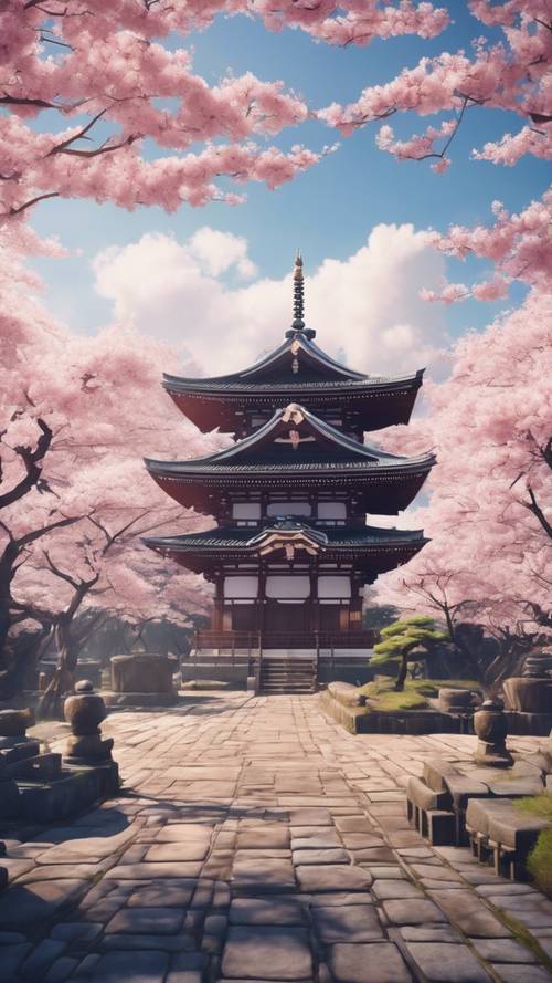 Pemandangan anime yang menggambarkan kuil bersejarah Jepang yang dibingkai oleh pohon sakura yang mekar penuh selama musim semi.