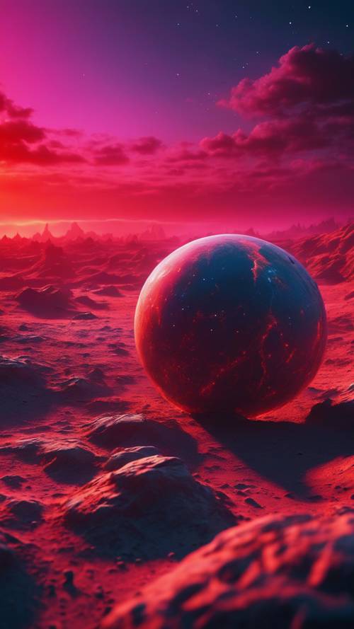 Sunset on a distant alien planet, where the sky glows radiantly in neon red light.