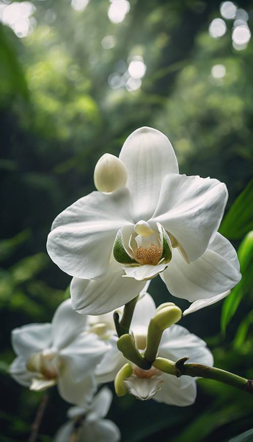 Uma orquídea branca solitária contra um fundo verde profundo de floresta tropical, o epítome da beleza exótica.