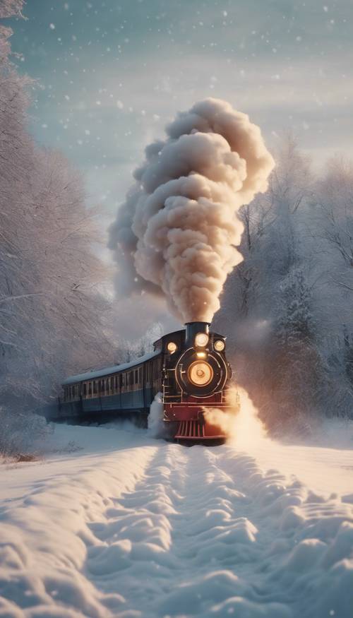 A vintage Christmas train chugging through a dreamy winter landscape, smoke shaped like reindeer billowing from the chimney.