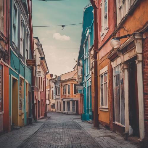 Una calle colorida y vibrante en un pequeño pueblo de los años 60 con lindos edificios antiguos.