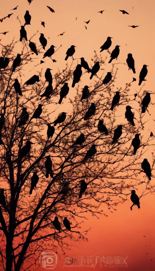 นกกิ้งโครงสีดำกลุ่มหนึ่งเงาตัดกับพระอาทิตย์ตกสีแดง ปีกของพวกมันก่อตัวเป็นลวดลายเพื่อบินไปบนท้องฟ้า