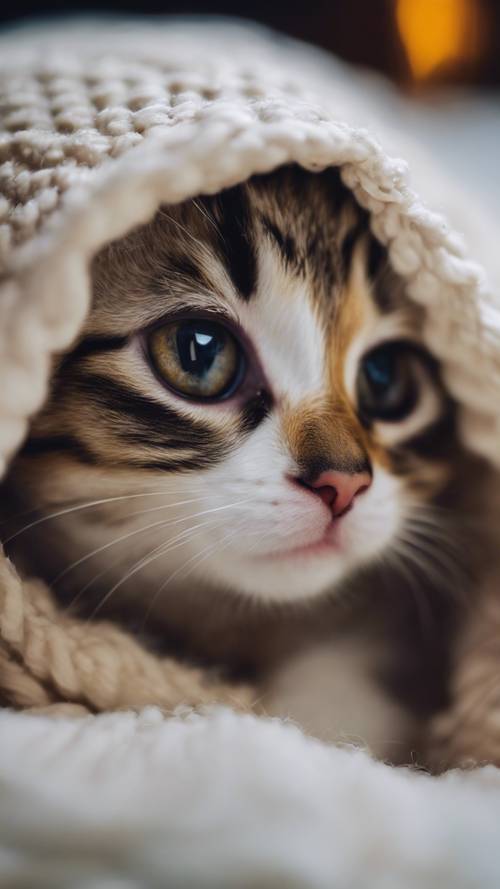 A Singapura kitten with its huge eyes, snuggled under a cozy blanket, on a chill, rainy night.