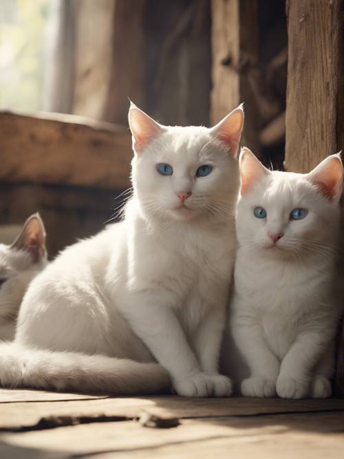 Une image sereine, semblable à une peinture, d’une famille de chats blancs, reposant paisiblement dans un grenier rustique de style campagnard.