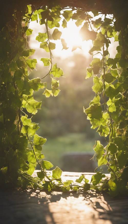 The scene of a morning sun peeking through the green vine. Ფონი [d4a53509a2964883a634]