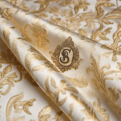 Cream damask fabric with a gold embroidered monogram.