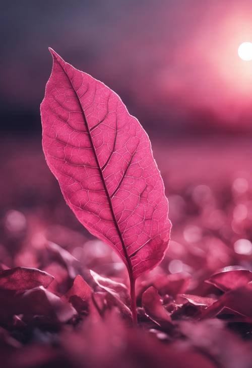 A surreal, glowing pink leaf against a moonlit sky. Tapeta [01c76b38b2784e4e8bb5]
