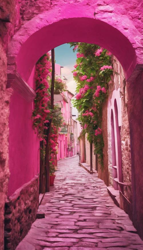 ピンクの丸いレンガのアーチが狭い石畳の通りを覆う壁紙