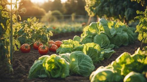 حديقة خضراوات مورقة بها وفرة من المنتجات الطازجة من الطماطم إلى الكرنب، يغمرها ضوء الظهيرة الذهبي.