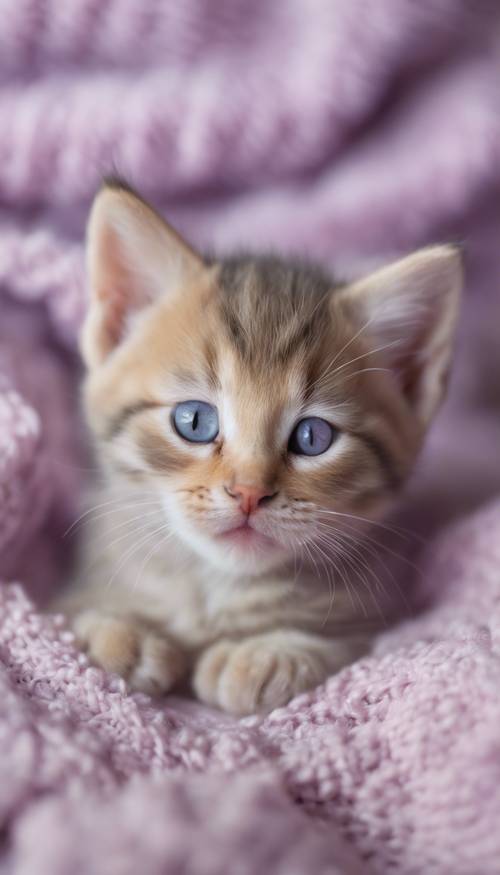 قطة صغيرة لطيفة أرجوانية اللون، ملتوية وتنام فوق بطانية مريحة.