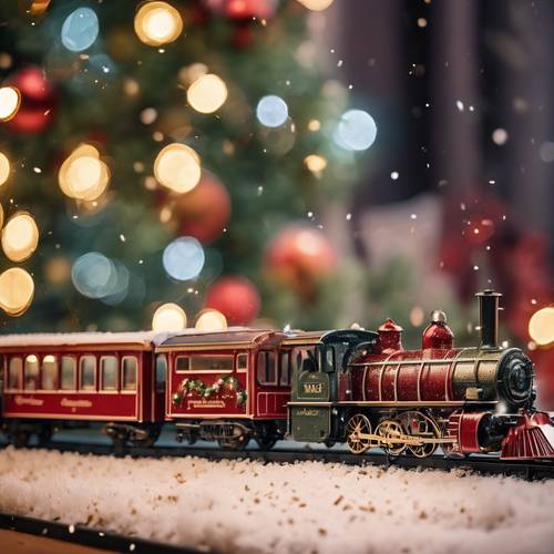 A vintage Christmas train set chugging on tracks around a sparkling Christmas tree.