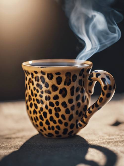 Close up shot of a cheetah print mug filled with steaming hot coffee.